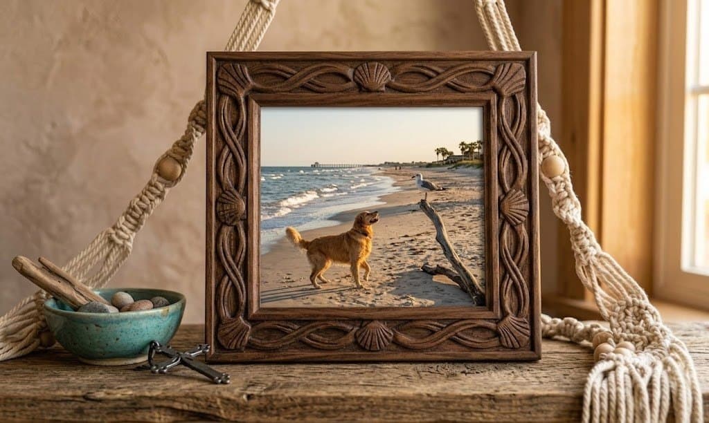 Photograph of a golden retriever and a seagull on a beach, in a carved wooden shell-motif frame