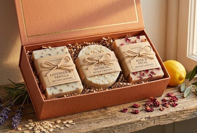 Open gift box holding three wrapped goat's milk soaps: lavender and vanilla, oats and oatmeal, rose and petal