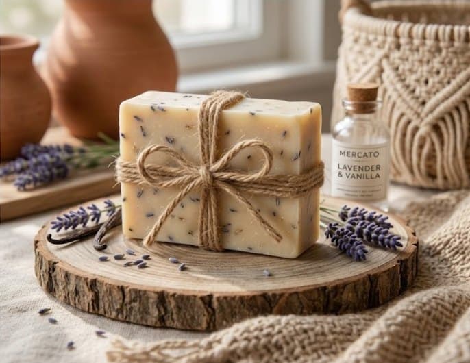 Goat's milk soap bar flecked with lavender buds, tied with twine beside lavender sprigs and vanilla pods