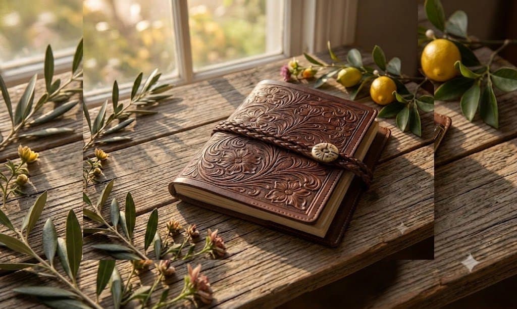 Tooled leather journal with a braided closure resting on a weathered table beside olive branches and lemons