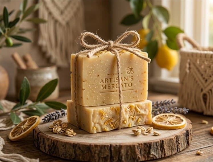 Two goat's milk soap bars tied with twine on a wood slice, with dried lemon slices and oats
