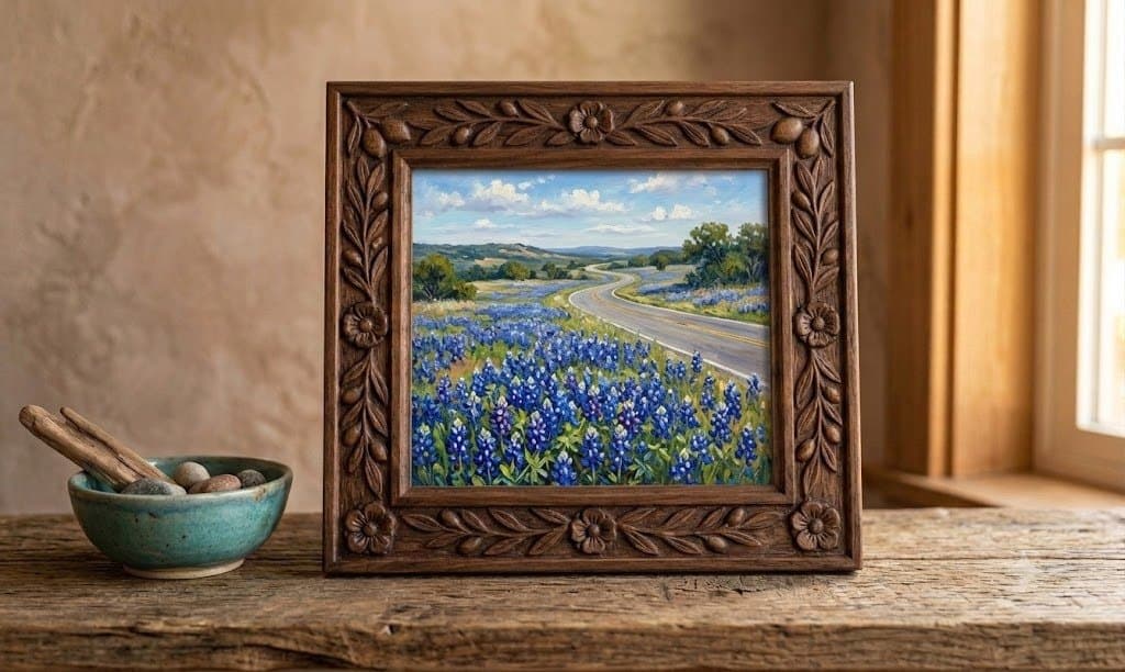 Acrylic painting of a road winding through a bluebonnet field, in a carved floral wooden frame