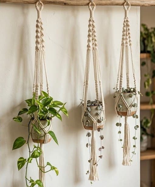 Three knotted macramé plant hangers holding potted trailing plants against a plaster wall