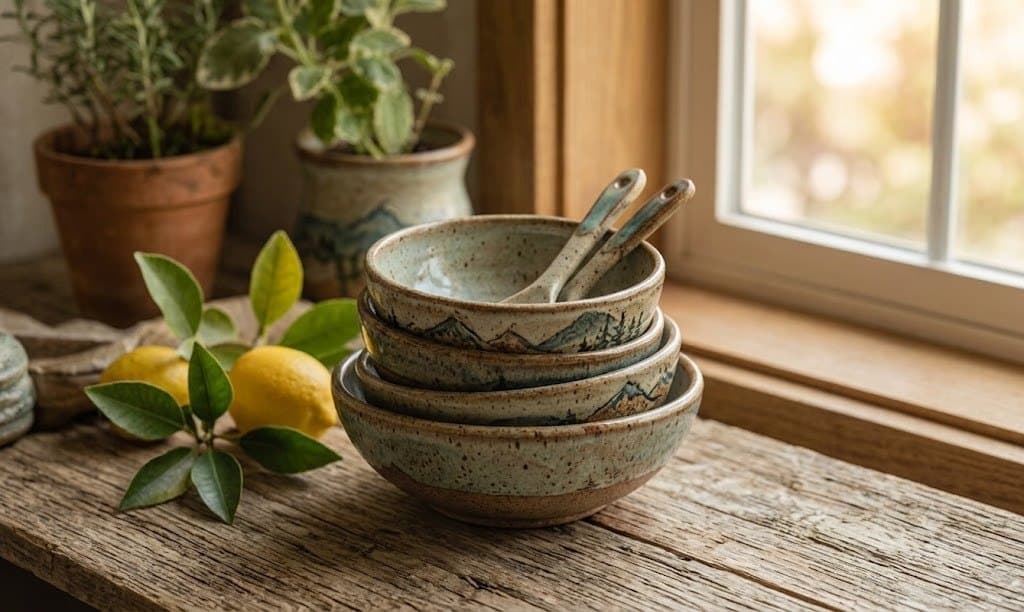 Stacked speckled bowls painted with a blue mountain range, beside lemons on a wooden sill