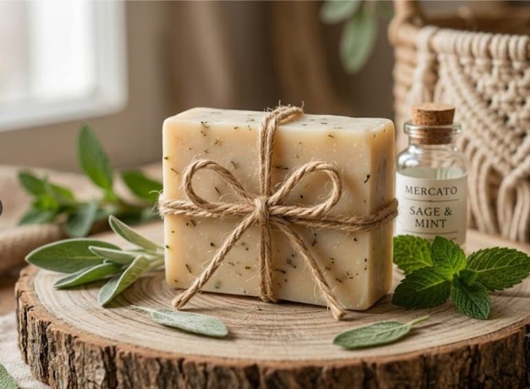 Goat's milk soap bar flecked with herbs, tied with twine beside fresh sage and mint