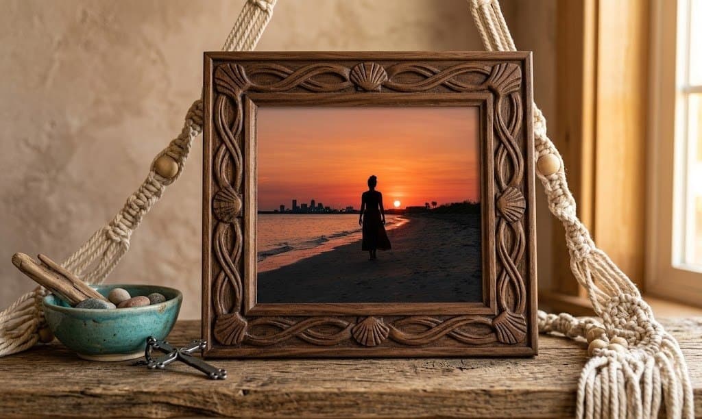 Photograph of a figure walking a shoreline at sunset, in a carved wooden shell-motif frame