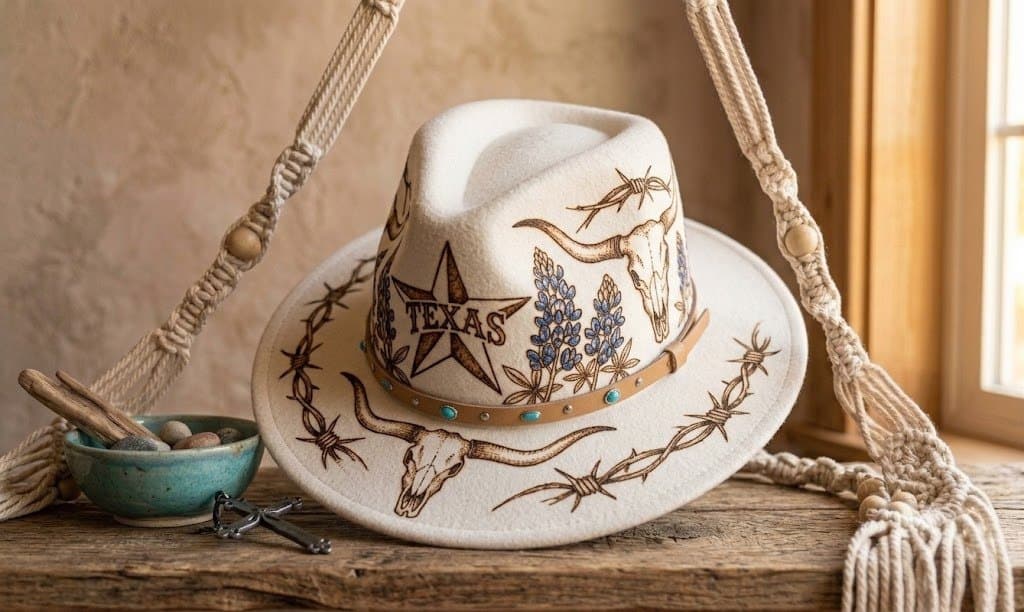 Ivory wool felt brimmed hat burned with longhorn skulls, bluebonnets, barbed wire and a Texas star